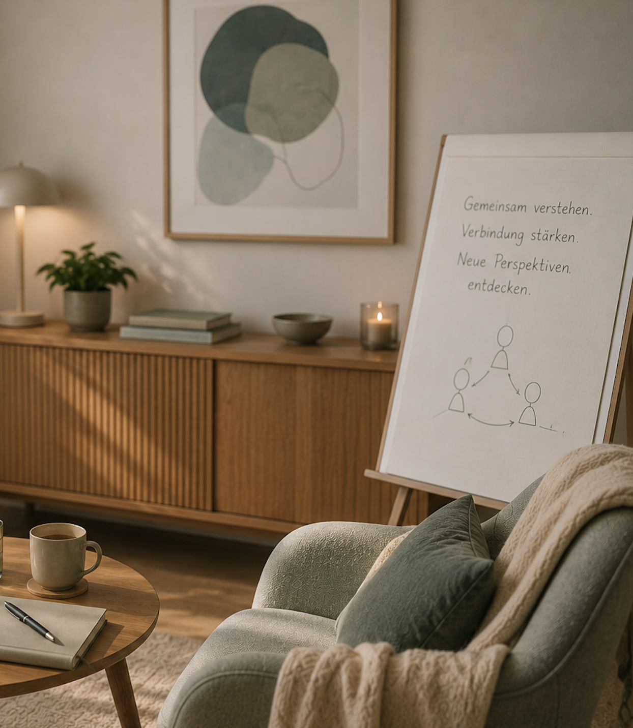 Warmer Praxisraum mit Sessel und Flipchart 'Gemeinsam verstehen. Verbindung stärken. Neue Perspektiven entdecken.'