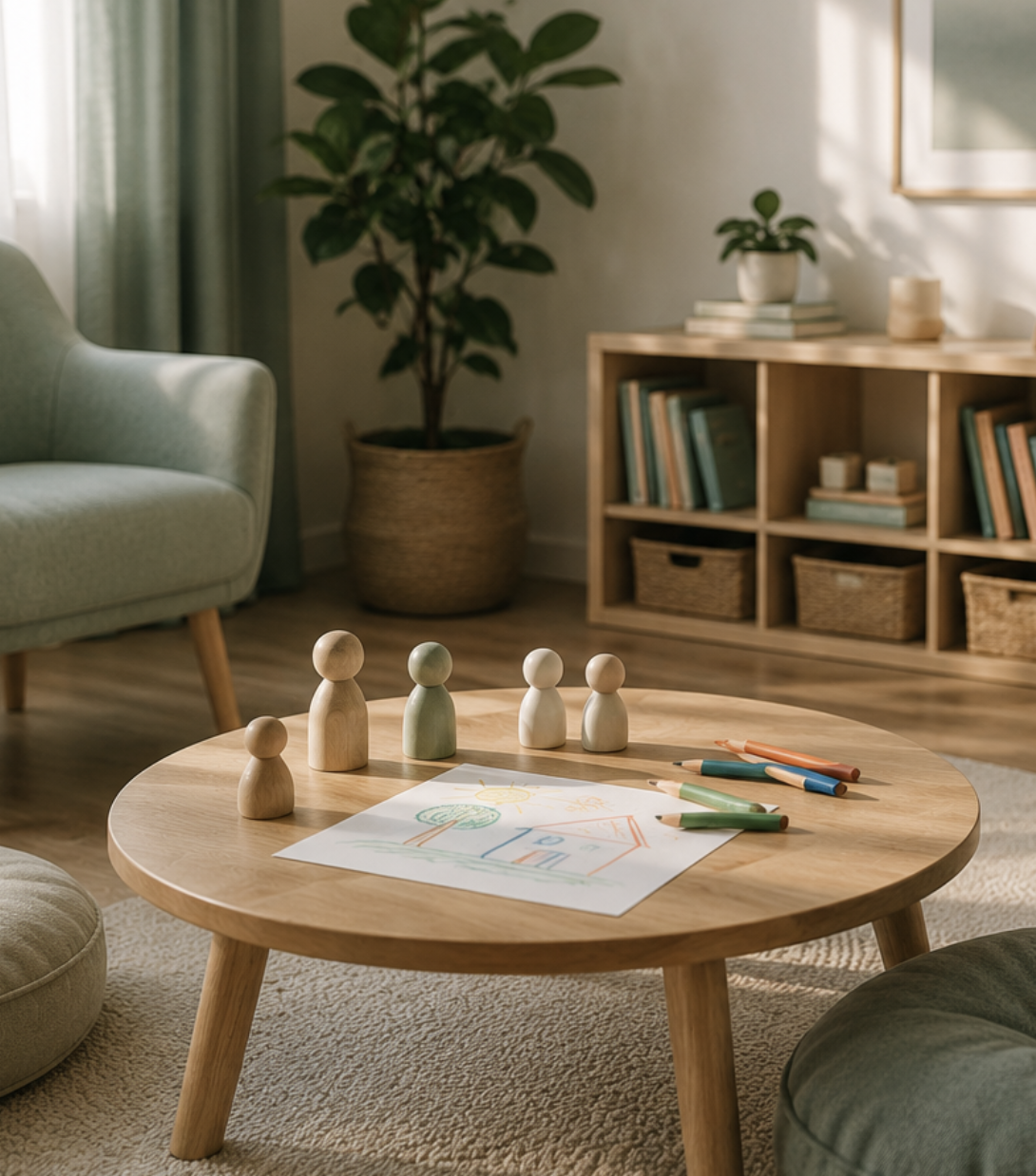 Runder Tisch mit Holzfiguren und Kinderzeichnung in ruhiger Praxisatmosphäre