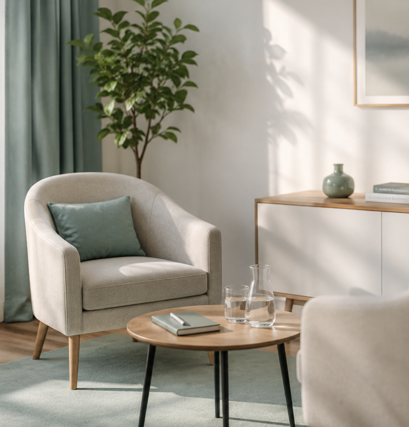 Heller Therapieraum mit Sessel, Pflanze und rundem Tisch