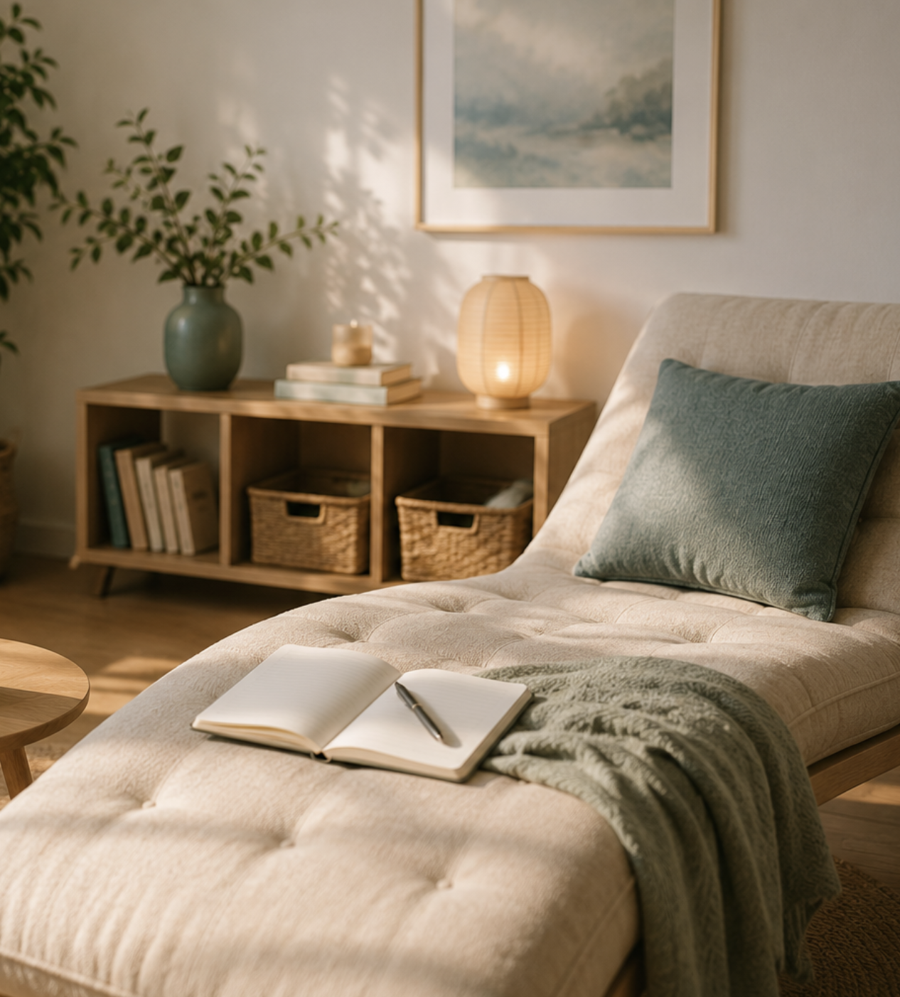 Ruhige Liege mit Decke, Kissen und sanftem Licht in der Praxis