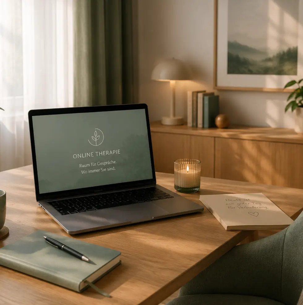 Laptop für Online-Therapie auf einem hellen Schreibtisch mit warmer Beleuchtung
